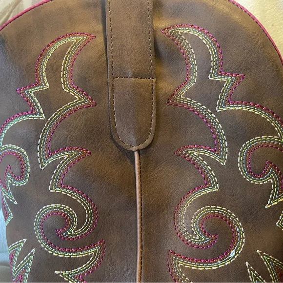 Brown Western Cowboy Boots with Pink Stitching - Picture 2 of 5